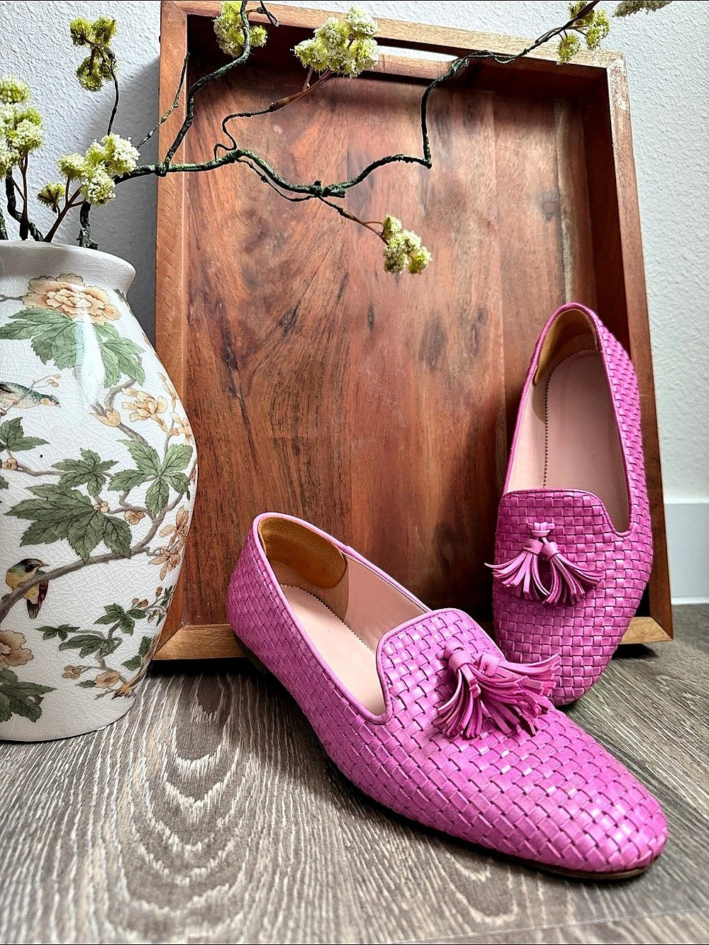 J. Crew Leather Woven Tassel Loafers in Pink